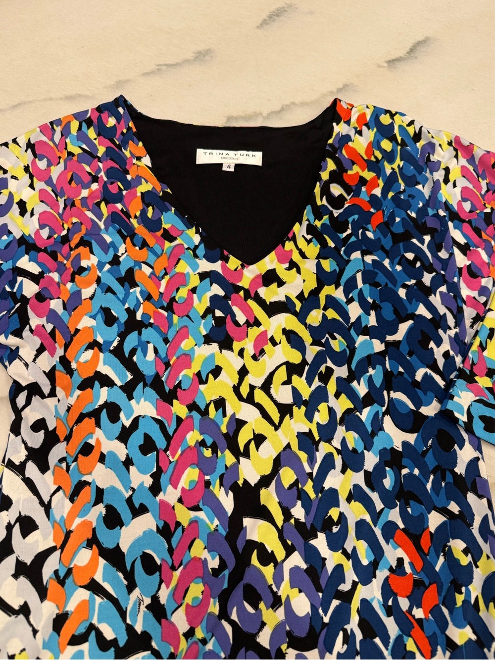 Trina Turk Dress Size 4 Multicolor Geometric V Neck 3/4 Sleeve Shift Lined - Picture 2 of 8